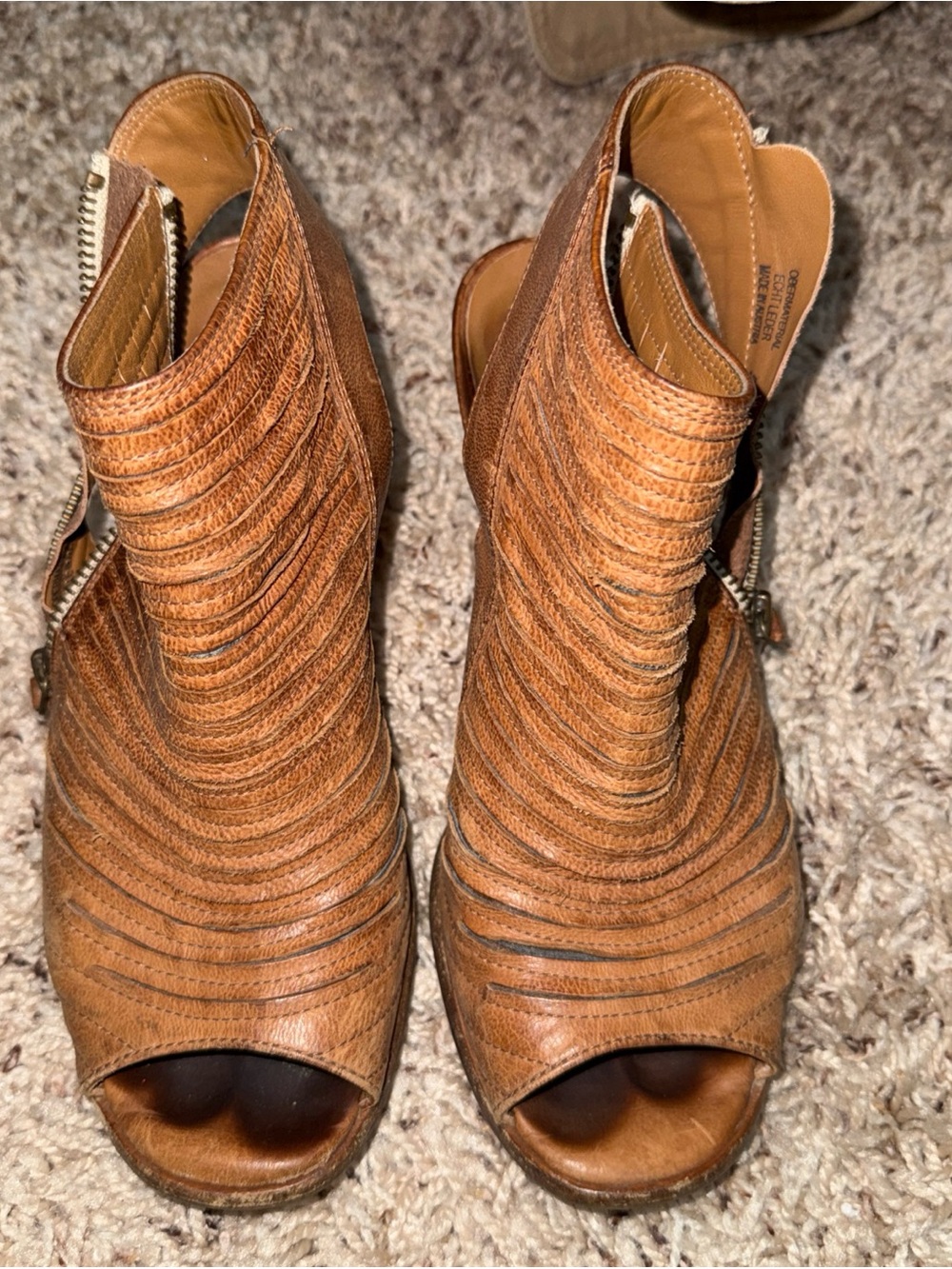 Paul Green Cognac Ribbed Leather Open-Toe Mules with Side Zip